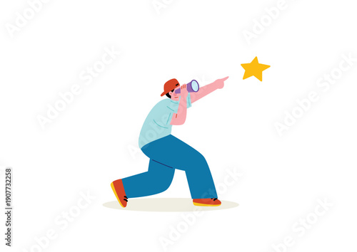 双眼鏡で目標絵を確かめる男性