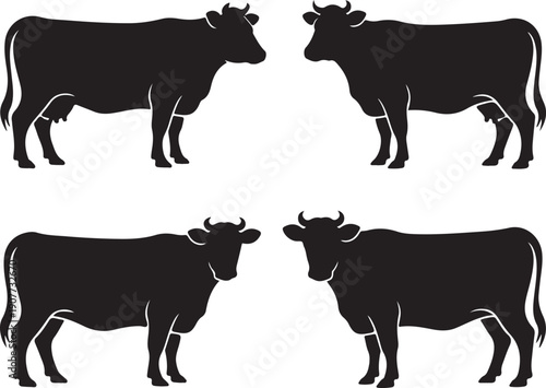 cow silhouette set. Flat Vector Illustration