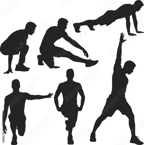 Fitness exercise silhouettes collection, man doing workout training poses set, stretching push up and warm up concept isolated black vector illustration bundle