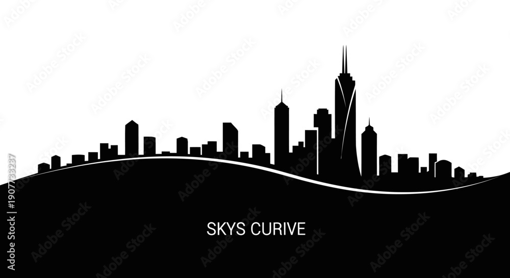 Fototapeta premium Stylized city skyline silhouette with a curved base, featuring various tall buildings and urban structures against a bright studio background.