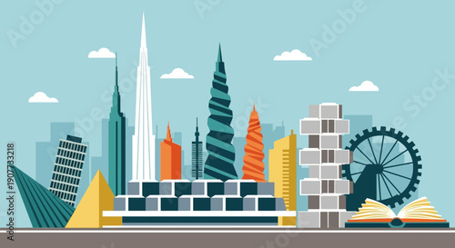 Futuristic City Skyline with Abstract Architecture, Ferris Wheel and Open Book