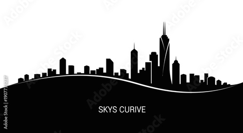 Stylized city skyline silhouette with a curved base, featuring various tall buildings and urban structures against a bright studio background.