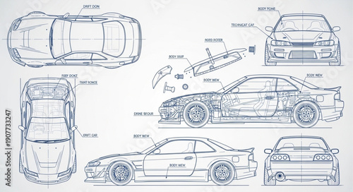 Car Blueprint Technical Drawing Illustration.