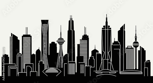 Global City Skyline Silhouette with Diverse Skyscrapers and Communication Towers on Isolated White Background
