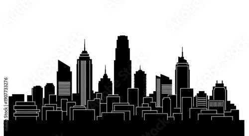 Los Angeles City Skyline Silhouette with Tall Skyscrapers on Isolated White Background