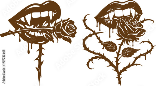 Gothic Vampire Lips and Rose Thorn Dark Fantasy Illustration Set.