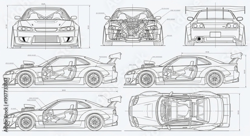Car Blueprint Technical Drawing Illustration.