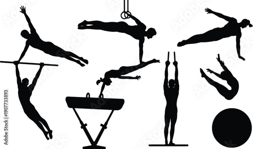 Gymnastics silhouettes athletic sports figures isolated black vector illustration acrobat strength balance training fitness motion