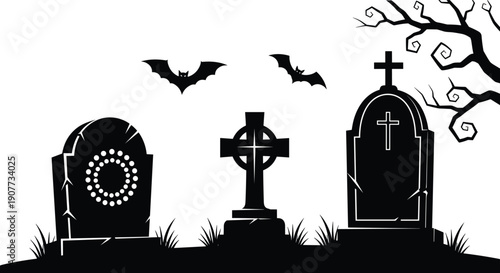 Spooky graveyard silhouette with tombstones, bats, and creepy tree for Halloween design, cemetery landscape, and gothic horror vector illustration projects