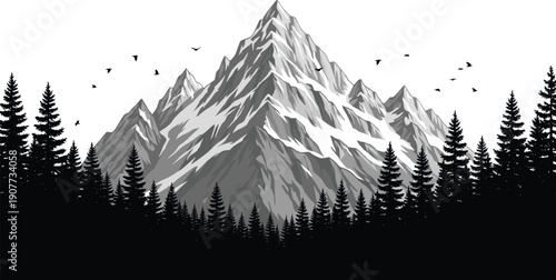Majestic mountain peak silhouette with pine forest, soaring birds and snow-capped ridges for wilderness travel and outdoor adventure nature designs. (20 words)