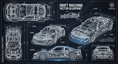 Car Blueprint Technical Drawing Illustration.