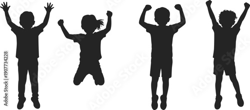Happy kids jumping silhouette set, children celebrating poses collection, joyful childhood activity illustration, playful boys and girls silhouettes, vector kids action design pack