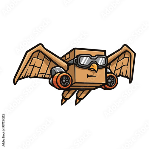 Vibrant vector illustration of a cartoon flying cardboard box with bird wings, aviator goggles, and jet engines, symbolizing fast aerial delivery and innovative logistics