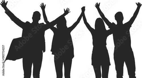 Happy people silhouette group, celebrating friends with raised hands, teamwork success concept, joyful crowd illustration, unity and celebration silhouettes vector design pack