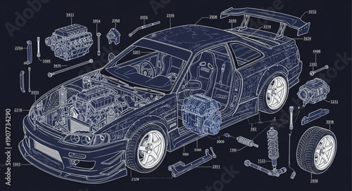 Car Blueprint Technical Drawing Illustration.