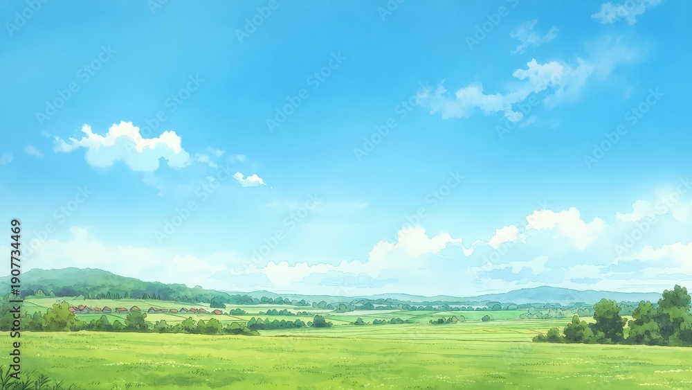 Obraz premium 青空と雲が印象的な草原のパノラマ風景イラスト 背景素材