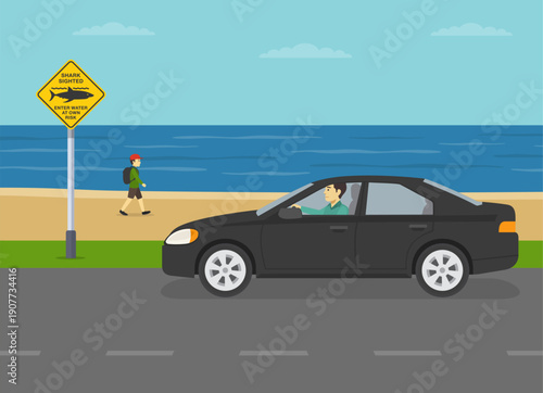 Water safety rules and tips. "Shark sighted, enter water at own risk" sign area. Side view of a car approaching beach. Flat vector illustration template.
