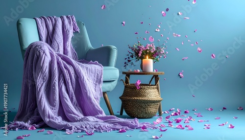 Cozy blue chair with purple knit blanket & scattered petals by candle