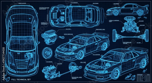 Car Blueprint Technical Drawing Illustration.