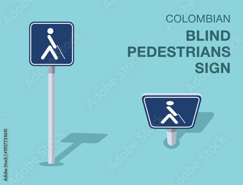 Traffic regulation rules. Isolated colombian "blind pedestrians" road sign. Front and top view. Flat vector illustration template.