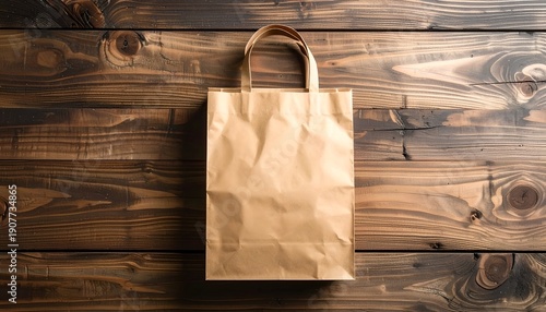 Simple brown paper bag with handles on a rustic wooden backdrop