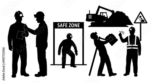 Construction workers in safety gear at a building site.