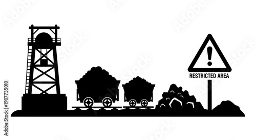 Industrial mining site with restricted access warning sign.