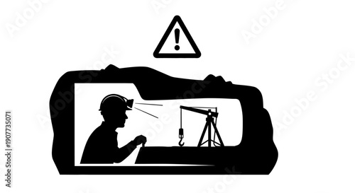 Warning sign with silhouette of person observing oil rig on screen.