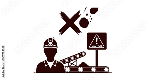 Industrial worker near conveyor belt with warning sign and falling objects.
