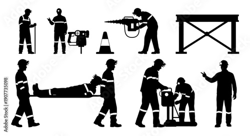 Rescue Team Silhouettes Performing Various Emergency Operations.