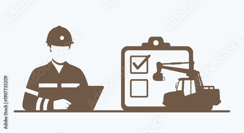 Construction worker checking tasks on clipboard with excavator.