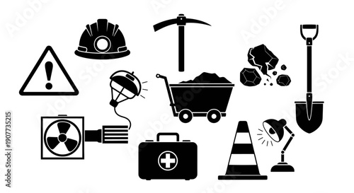 Construction and safety icons set with various tools and warning signs.