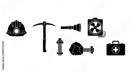 Mining equipment and safety gear icons set.