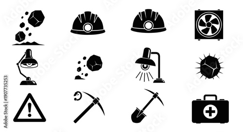 Mining icons set with safety symbols and equipment.