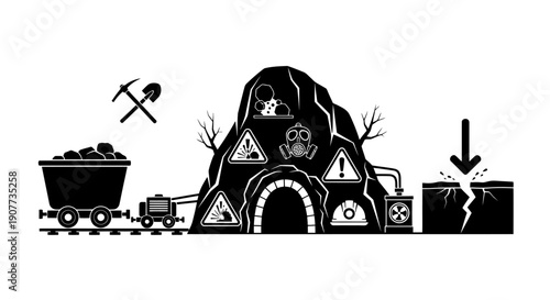 Coal mine with cart and pickaxe illustration.