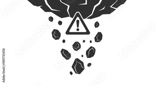 Black rocks and warning sign falling from dark cloud.