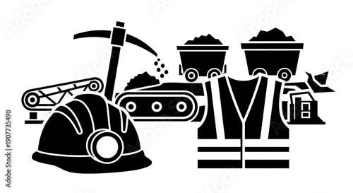 Mining Industry Equipment and Safety Gear Illustration.