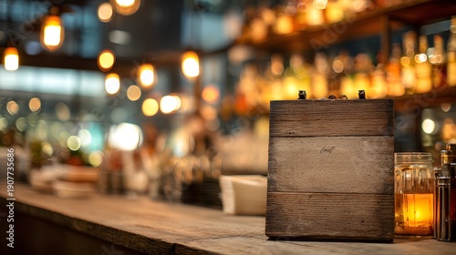 Cozy Bar Counter with Wooden Sign and Drink in Soft Bokeh Lights.