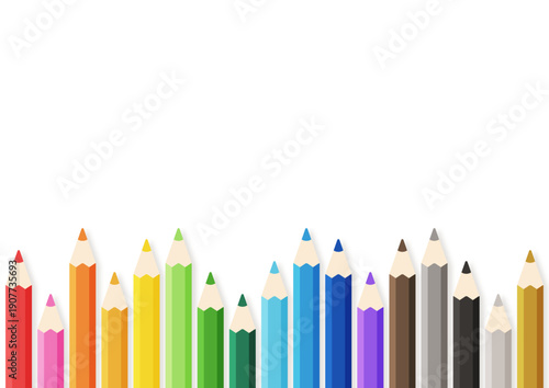 新学期や学校行事の告知 お絵描き教室に使える 下部にカラフルな色鉛筆が並ぶフレーム風の背景イラスト素材