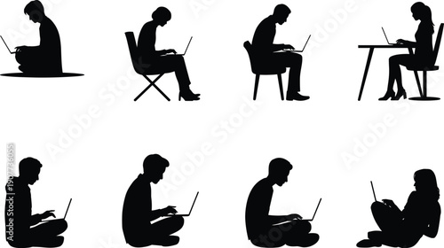 People working on laptop silhouettes set, freelancers typing in different sitting poses, remote work and online study concept, isolated black vector illustration collection