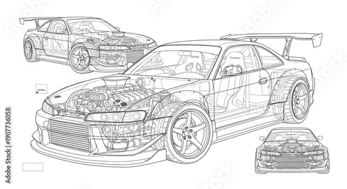 Car Blueprint Technical Drawing Illustration.