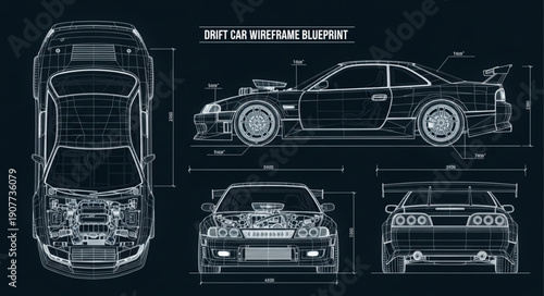 Car Blueprint Technical Drawing Illustration.