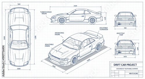 Car Blueprint Technical Drawing Illustration.