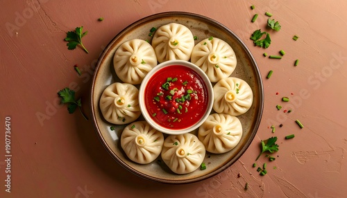 Plate of dumplings with red sauce, garnish, on terracotta background