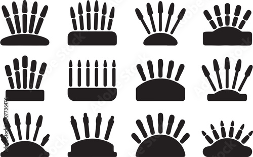 A collection of nine black silhouette images of various paintbrush holders with brushes