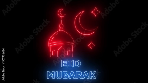 Neon Eid Mubarak Animation with Glowing Mosque Crescent Moon and Stars on Black Background for Ramadan Celebration