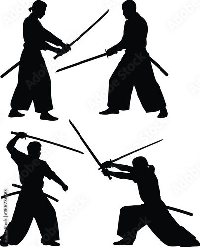 Samurai sword fighting silhouette set, martial arts warriors collection, katana combat poses, traditional Japanese fighters illustration, isolated action silhouettes vector design pack