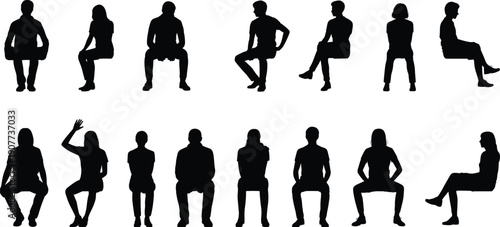 Sitting people silhouettes collection showing men and women seated in various poses isolated black human figures vector illustration design