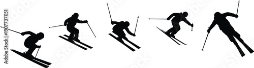 Skiing silhouette set, winter sport action collection, skier jumping and downhill poses, isolated snow sport illustration, dynamic ski silhouettes vector design pack