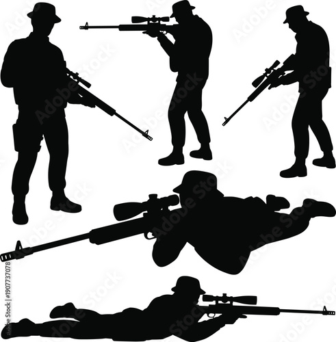 Sniper soldier silhouette set, military marksman poses collection, tactical shooting positions, armed forces illustration, combat sniper silhouettes vector defense design pack